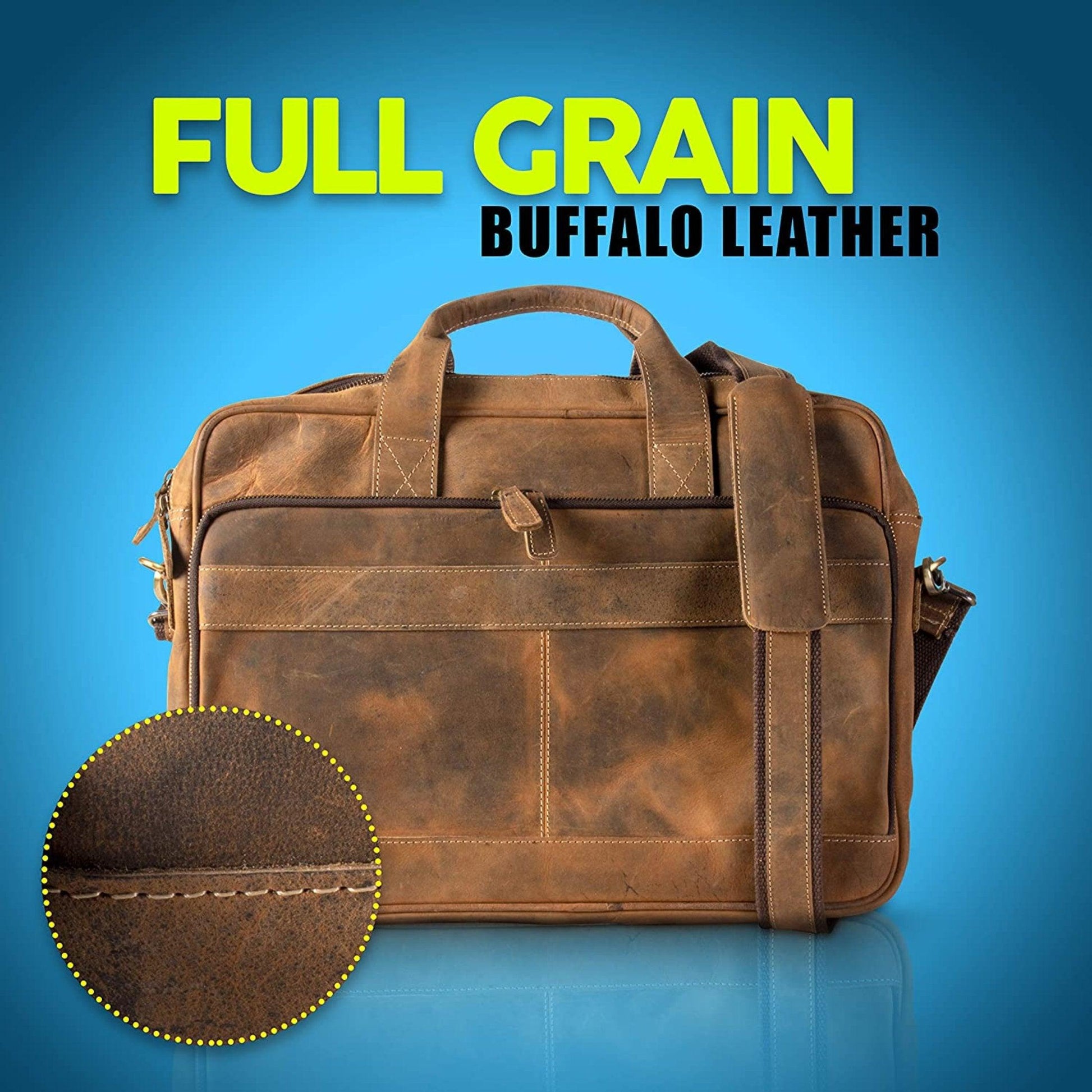 Full-grain buffalo leather briefcase with textured detail for men and women